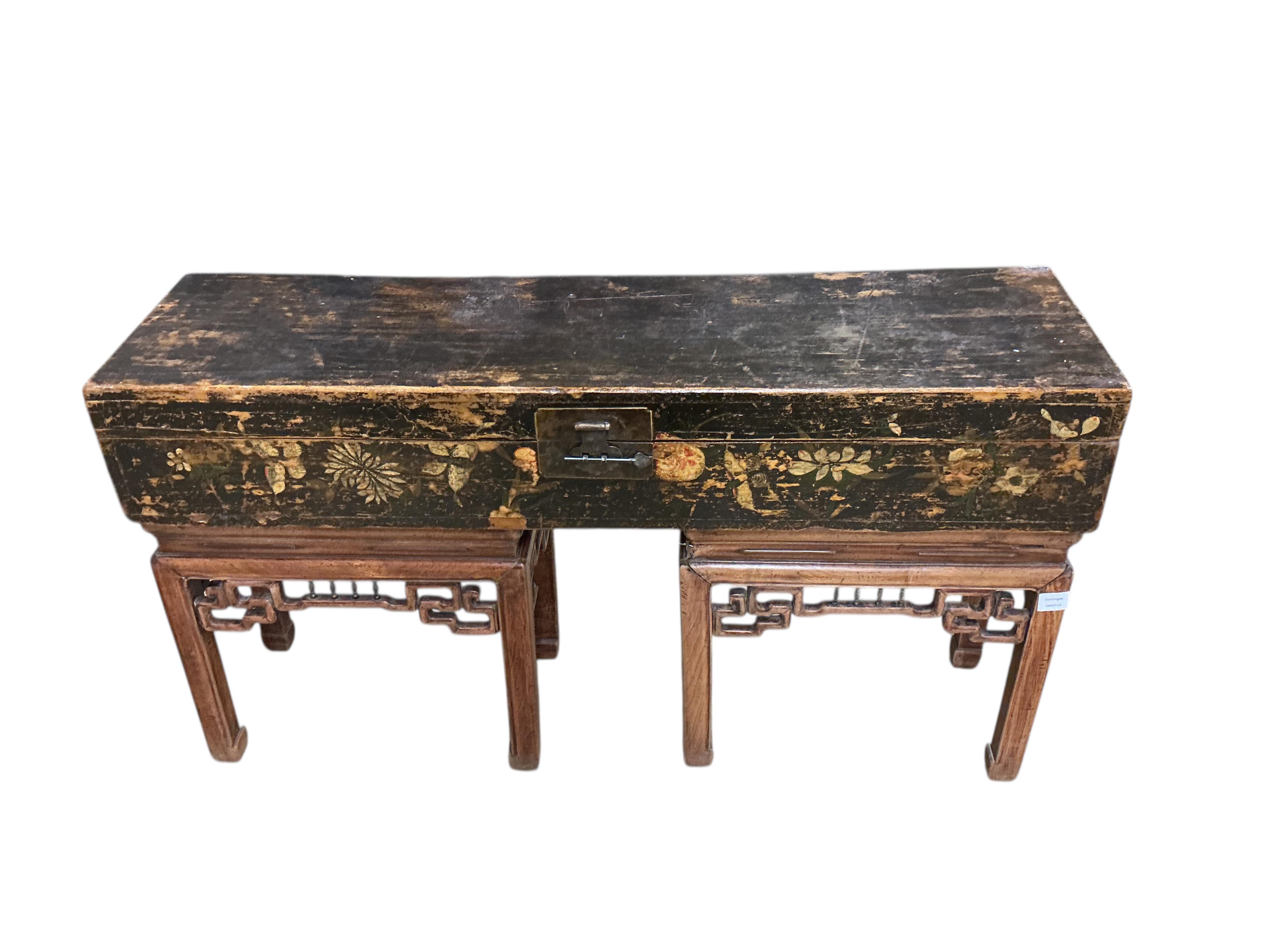 A Chinese painted box on associated rosewood stand, width 128cm, depth 35cm, height 72cm